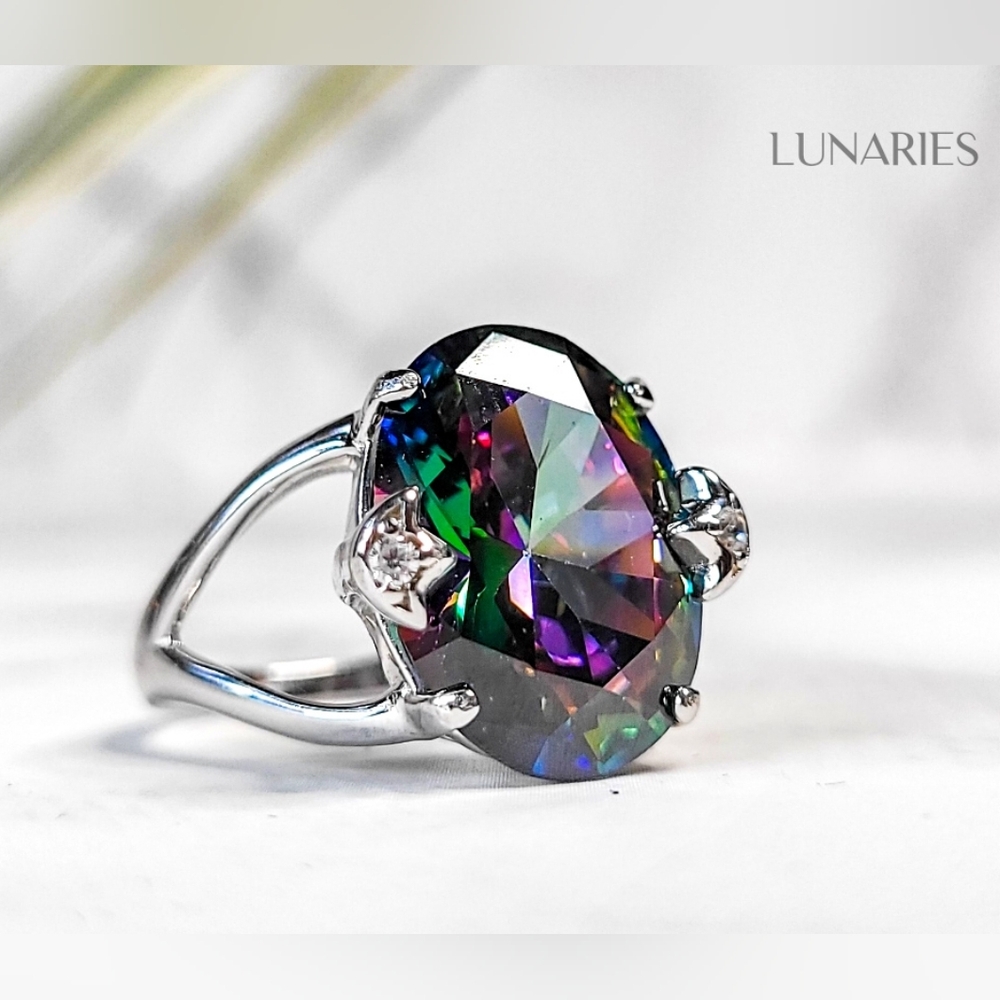 Rainbow Topaz CZ 925 Sterling Silver Ring, Large Colorful Cocktail Jewelry